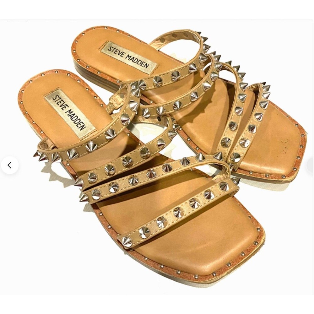 Steve Madden Sandals Skyler 5.5 Square Toe Strap Flat Slides Shoes Silver Studs